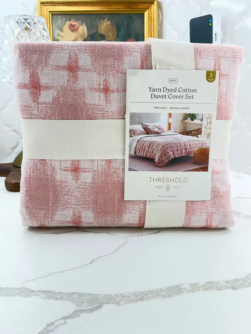 Threshold Yarn Dyed Cotton Duvet Cover Set King Pink Plaid Geometric 3-Piece New